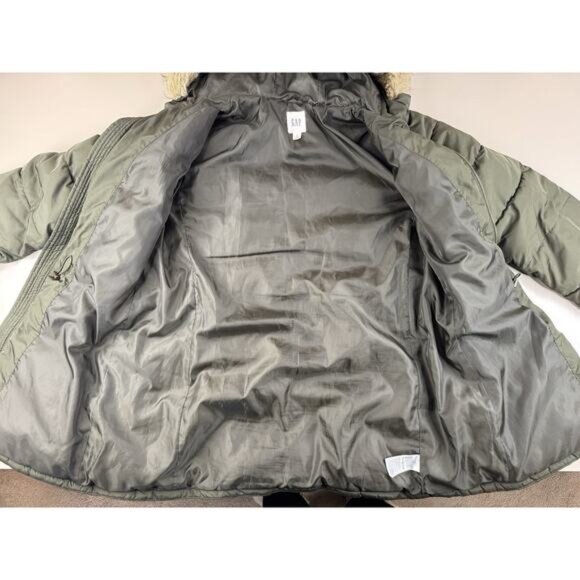 GAP Womens Midweight Puffer Jacket Faux Fur Hood Large TALL Green Zip Up Classic - Picture 5 of 5